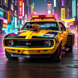 A yellow 1969 Chevy Camaro with a battle-worn look, featuring bold black accents and a striking cyberpunk aesthetic