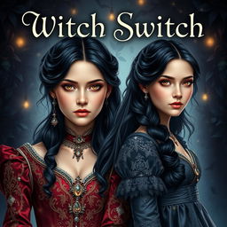 An alluring adult fantasy book cover for 'Witch Switch', featuring two maidens with identical faces