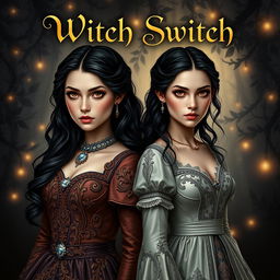 An alluring adult fantasy book cover for 'Witch Switch', featuring two maidens with identical faces