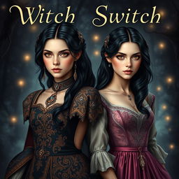 An alluring adult fantasy book cover for 'Witch Switch', featuring two maidens with identical faces