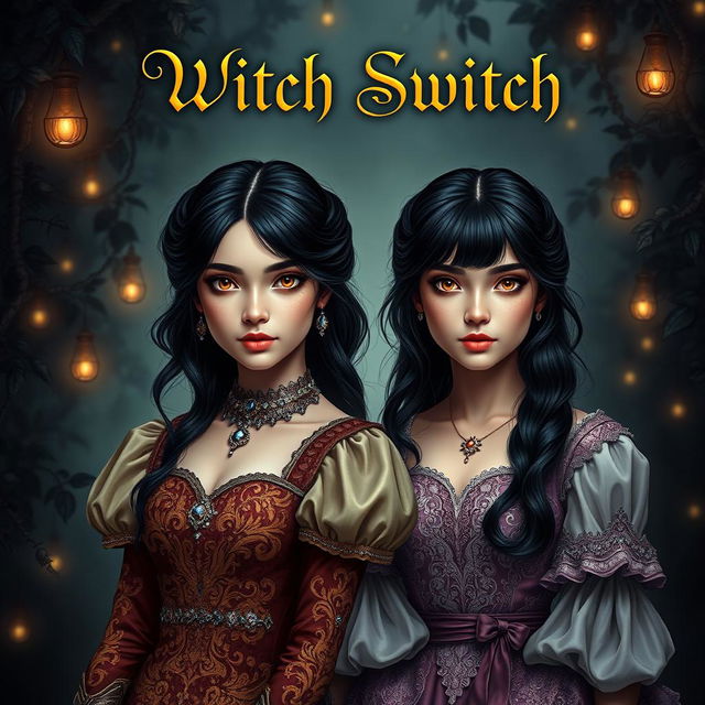 An alluring adult fantasy book cover for 'Witch Switch', featuring two maidens with identical faces