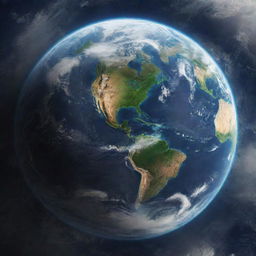 A detailed, realistic representation of planet Earth, featuring oceans, continents, and clouds from outer space.