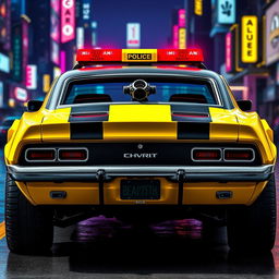 A yellow 1969 Chevy Camaro viewed from the rear, showcasing its battle-worn appearance and sleek black accents