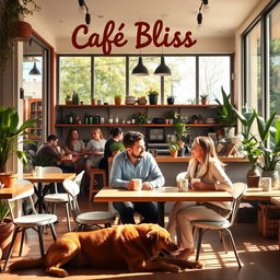 An inviting scene featuring a cozy café on a sunny day with large windows and outdoor seating