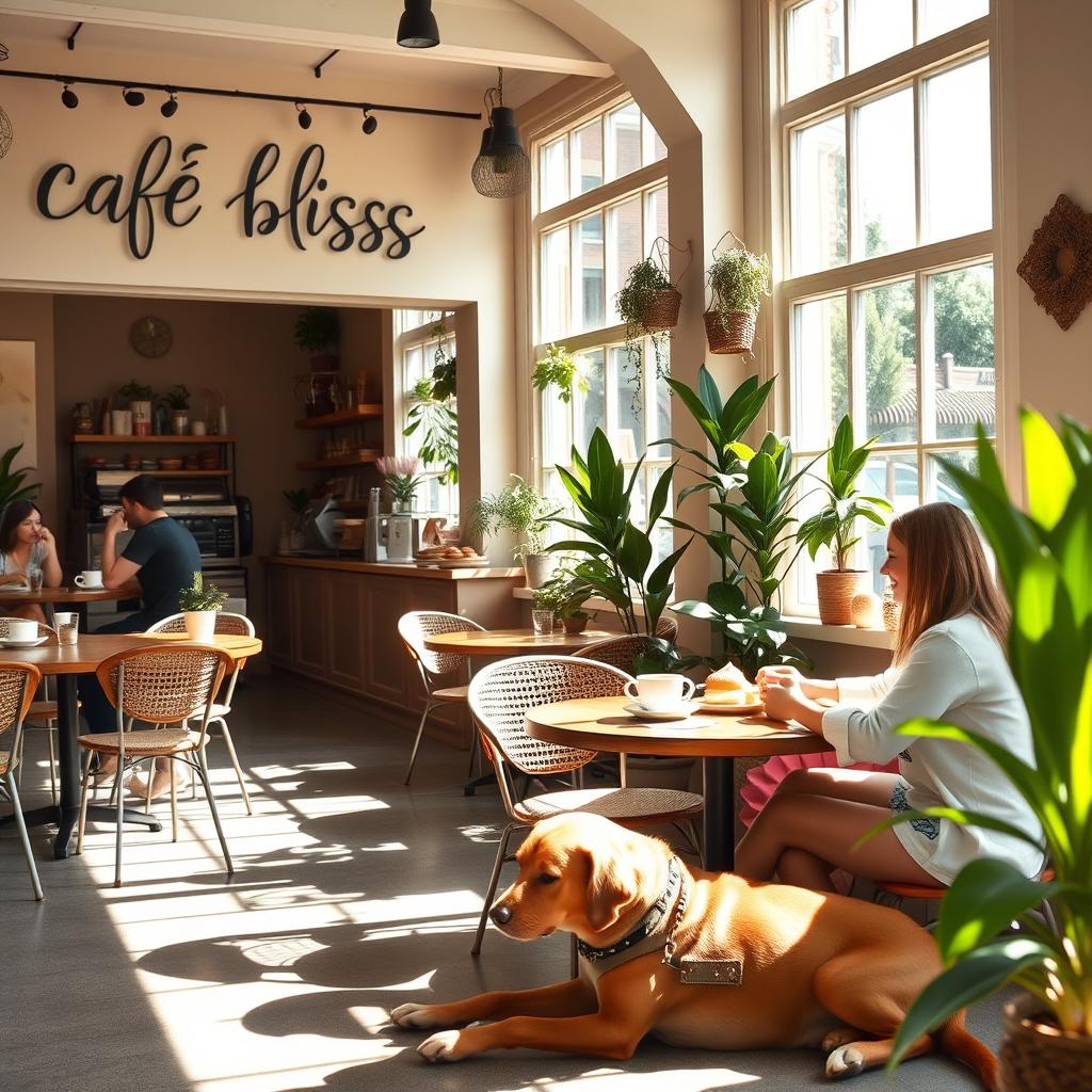 An inviting scene featuring a cozy café on a sunny day with large windows and outdoor seating