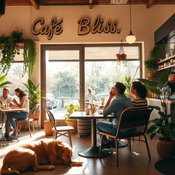 An inviting scene featuring a cozy café on a sunny day with large windows and outdoor seating