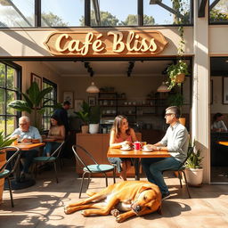 An inviting scene featuring a cozy café on a sunny day with large windows and outdoor seating