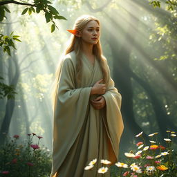 An elven monk, bathed in divine light from the gods, standing gracefully in a serene forest glade