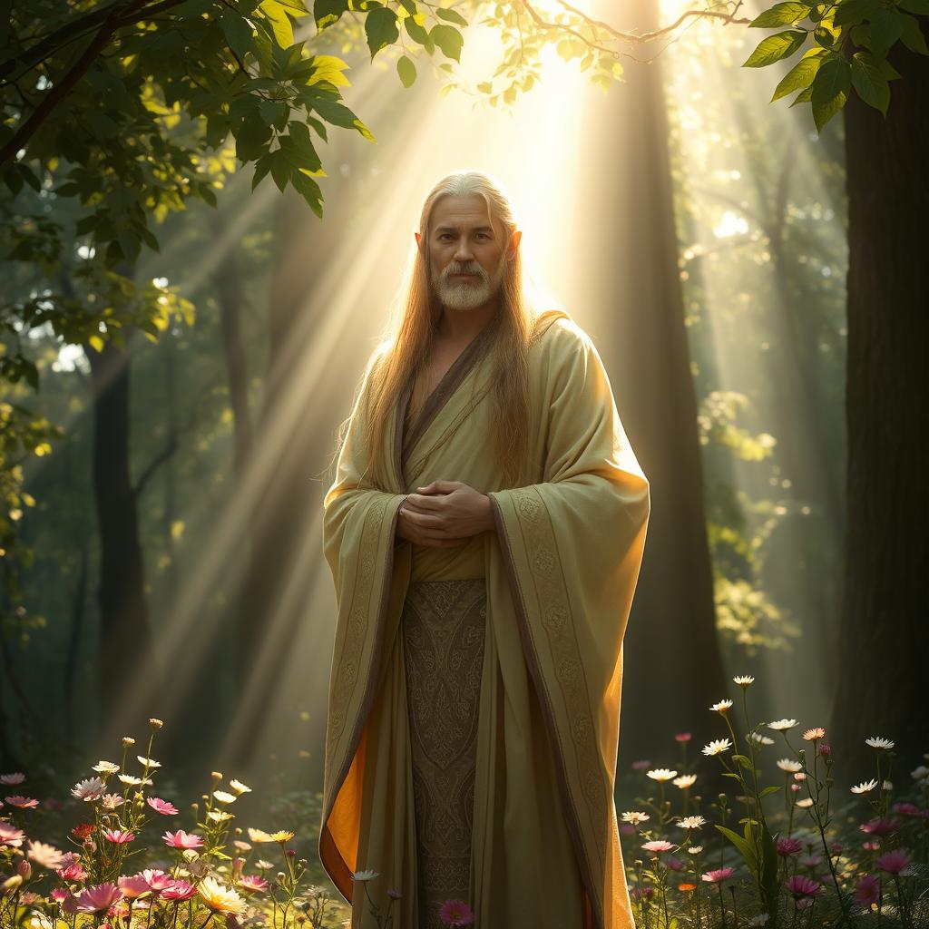 An elven monk, bathed in divine light from the gods, standing gracefully in a serene forest glade