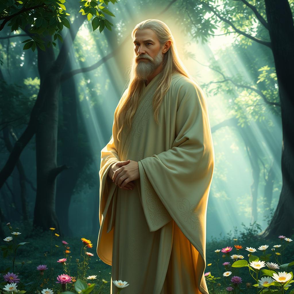 An elven monk, bathed in divine light from the gods, standing gracefully in a serene forest glade