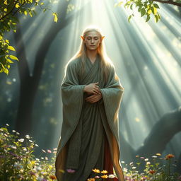 An elven monk, bathed in divine light from the gods, standing gracefully in a serene forest glade