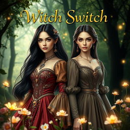 A captivating fantasy book cover for 'Witch Switch', featuring two realistic models of maidens with the same face