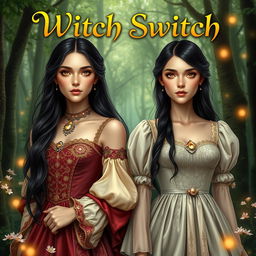 A captivating fantasy book cover for 'Witch Switch', featuring two realistic models of maidens with the same face