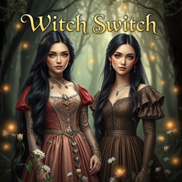 A captivating fantasy book cover for 'Witch Switch', featuring two realistic models of maidens with the same face