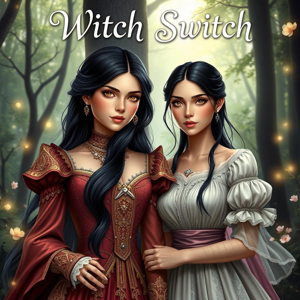 A captivating fantasy book cover for 'Witch Switch', featuring two realistic models of maidens with the same face