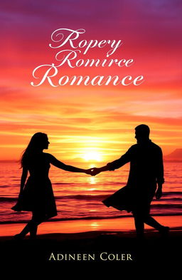 A romantic book cover design featuring a serene sunset on a beach, with silhouettes of a couple holding hands in the foreground