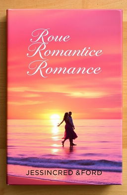 A romantic book cover design featuring a serene sunset on a beach, with silhouettes of a couple holding hands in the foreground