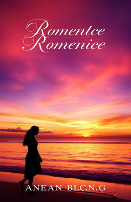 A romantic book cover design featuring a serene sunset on a beach, with silhouettes of a couple holding hands in the foreground