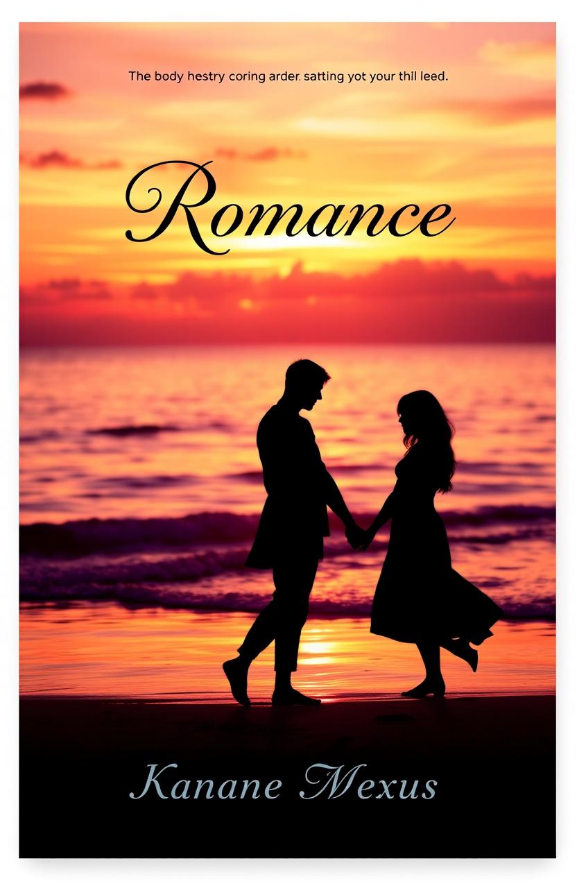 A romantic book cover design featuring a serene sunset on a beach, with silhouettes of a couple holding hands in the foreground