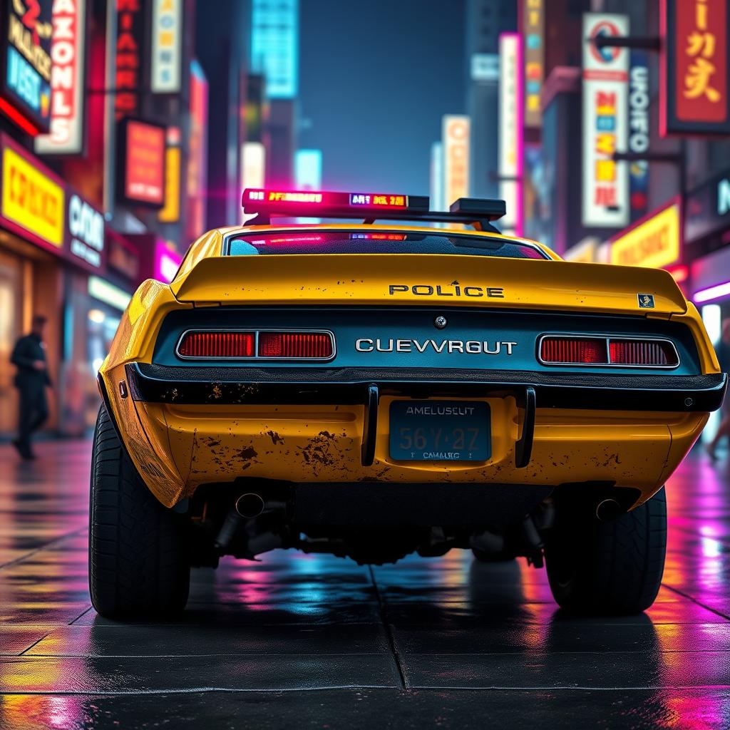 A yellow 1969 Chevy Camaro seen from a rear side view, exhibiting a battle-worn look enhanced by stylish black accents