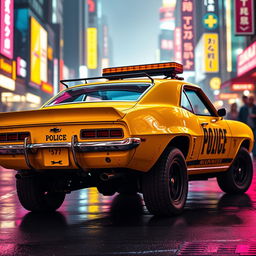 A yellow 1969 Chevy Camaro seen from a rear side view, exhibiting a battle-worn look enhanced by stylish black accents