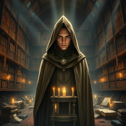 An elven monk wearing a hooded cloak, illuminated by divine light from the gods, stands in the center of a grand, ancient library