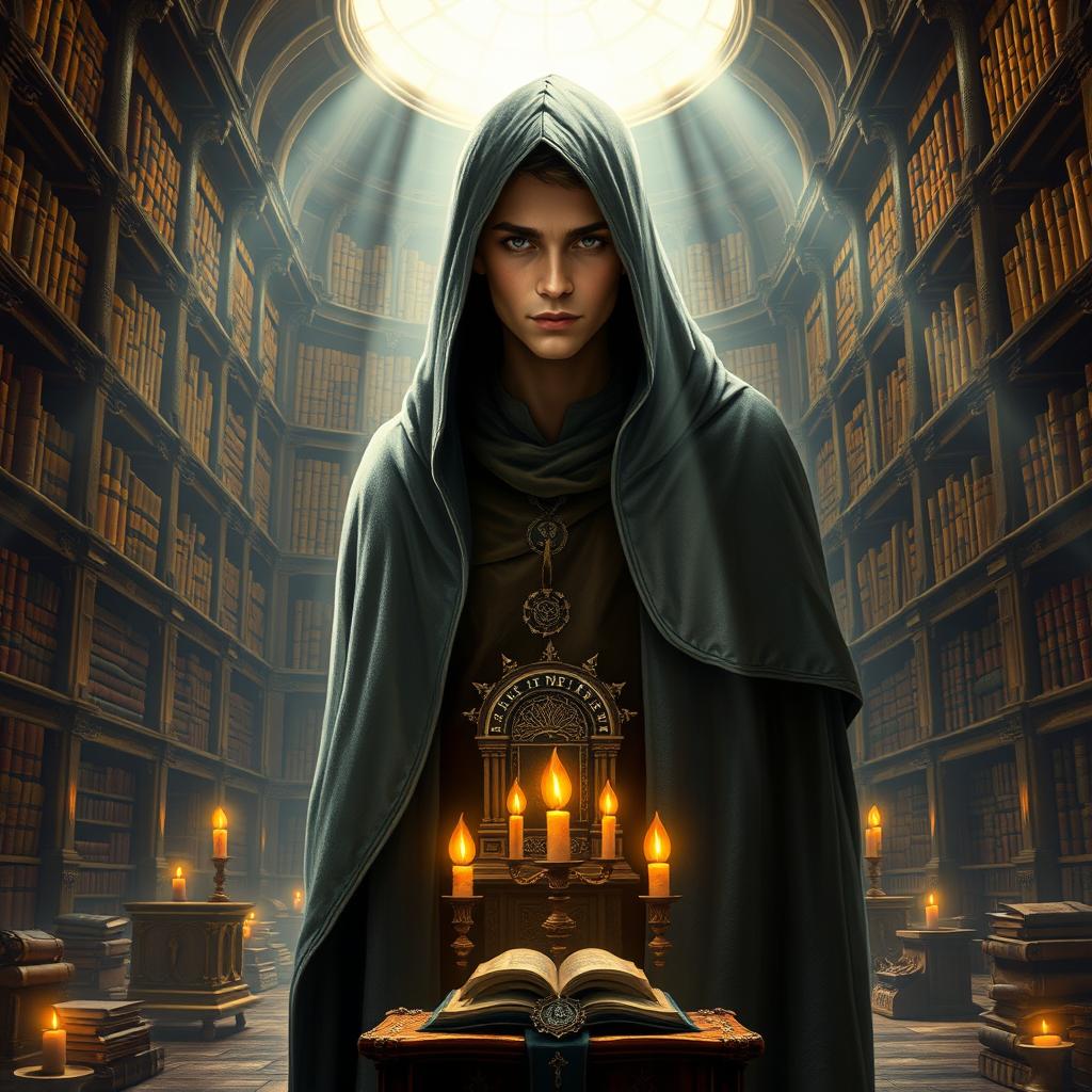 An elven monk wearing a hooded cloak, illuminated by divine light from the gods, stands in the center of a grand, ancient library