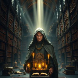 An elven monk wearing a hooded cloak, illuminated by divine light from the gods, stands in the center of a grand, ancient library