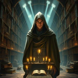 An elven monk wearing a hooded cloak, illuminated by divine light from the gods, stands in the center of a grand, ancient library