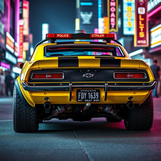 A yellow 1969 Chevy Camaro captured from a rear side view, featuring a battle-worn look with stylish black accents