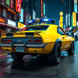 A yellow 1969 Chevy Camaro captured from a rear side view, featuring a battle-worn look with stylish black accents