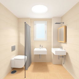 A detailed interior design illustration of a modern minimalist bathroom measuring 1