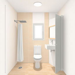 A detailed interior design illustration of a modern minimalist bathroom measuring 1