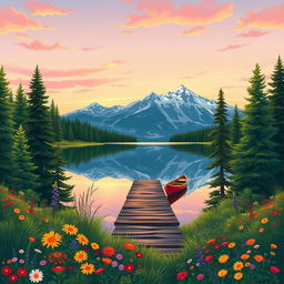 A stunning landscape illustration featuring a serene mountain lake surrounded by lush, green pine trees and colorful wildflowers in the foreground