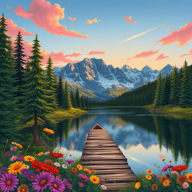 A stunning landscape illustration featuring a serene mountain lake surrounded by lush, green pine trees and colorful wildflowers in the foreground