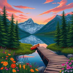 A stunning landscape illustration featuring a serene mountain lake surrounded by lush, green pine trees and colorful wildflowers in the foreground