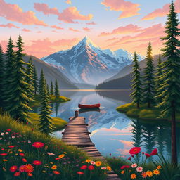 A stunning landscape illustration featuring a serene mountain lake surrounded by lush, green pine trees and colorful wildflowers in the foreground