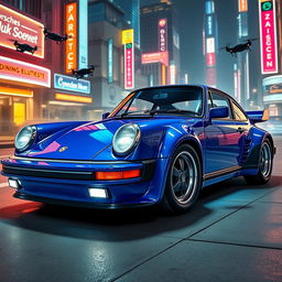 A royal blue 1985 Porsche 911 depicted in a cyberpunk art style, featuring sleek chrome accents that enhance its elegant lines