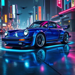 A royal blue 1985 Porsche 911 depicted in a cyberpunk art style, featuring sleek chrome accents that enhance its elegant lines