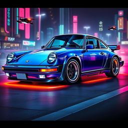 A royal blue 1985 Porsche 911 depicted in a cyberpunk art style, featuring sleek chrome accents that enhance its elegant lines