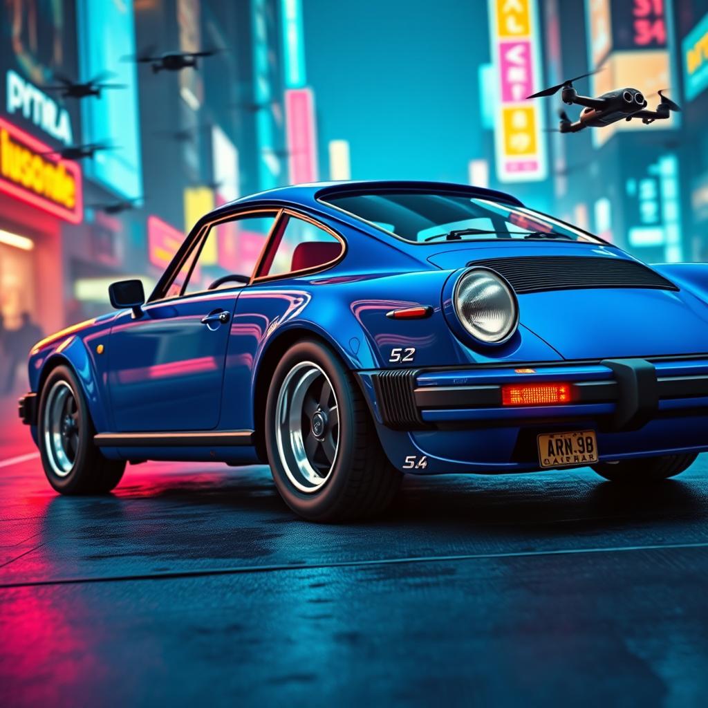 A royal blue 1985 Porsche 911 depicted in a cyberpunk art style, featuring sleek chrome accents that enhance its elegant lines