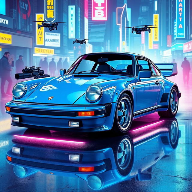 A royal light blue 1985 Porsche 911 depicted in a striking cyberpunk art style, featuring polished chrome accents that enhance its sleek silhouette