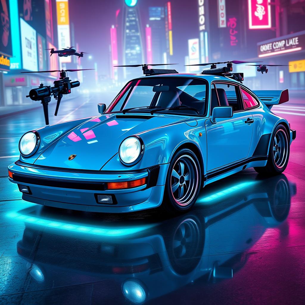 A royal light blue 1985 Porsche 911 depicted in a striking cyberpunk art style, featuring polished chrome accents that enhance its sleek silhouette