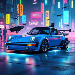 A royal light blue 1985 Porsche 911 depicted in a striking cyberpunk art style, featuring polished chrome accents that enhance its sleek silhouette