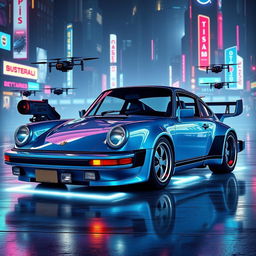 A royal light blue 1985 Porsche 911 depicted in a striking cyberpunk art style, featuring polished chrome accents that enhance its sleek silhouette