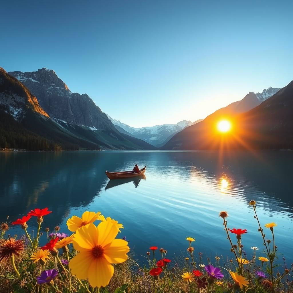 A stunning landscape featuring a serene lake surrounded by majestic mountains under a clear blue sky