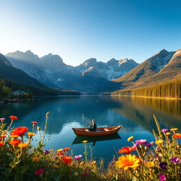 A stunning landscape featuring a serene lake surrounded by majestic mountains under a clear blue sky