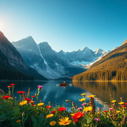 A stunning landscape featuring a serene lake surrounded by majestic mountains under a clear blue sky