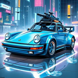 A royal light blue 1985 Porsche 911 illustrated in a captivating cyberpunk art style, featuring sleek chrome accents that enhance its aerodynamic design