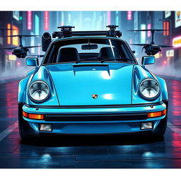 A royal light blue 1985 Porsche 911 illustrated in a captivating cyberpunk art style, featuring sleek chrome accents that enhance its aerodynamic design